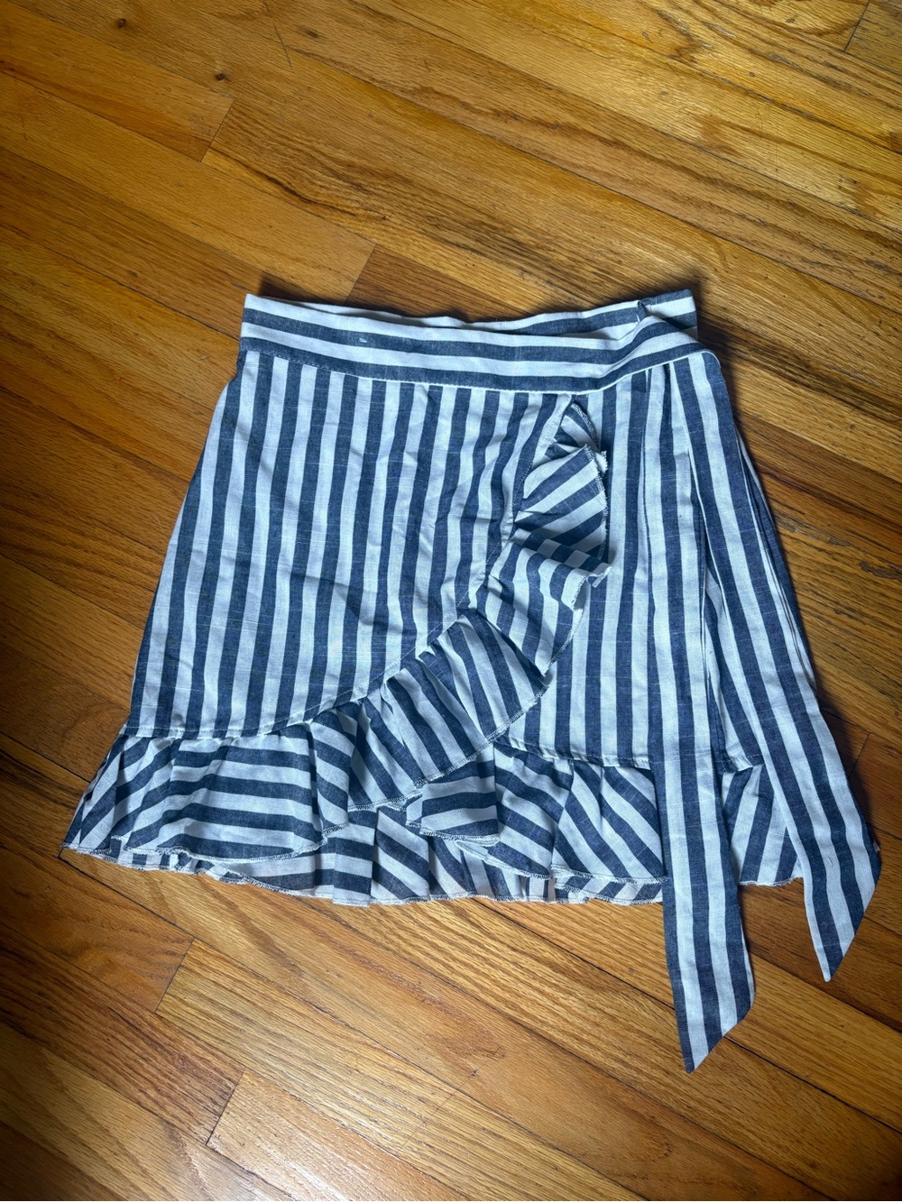 SHEIN Navy and White Striped Wrap Ruffle Mini Skirt